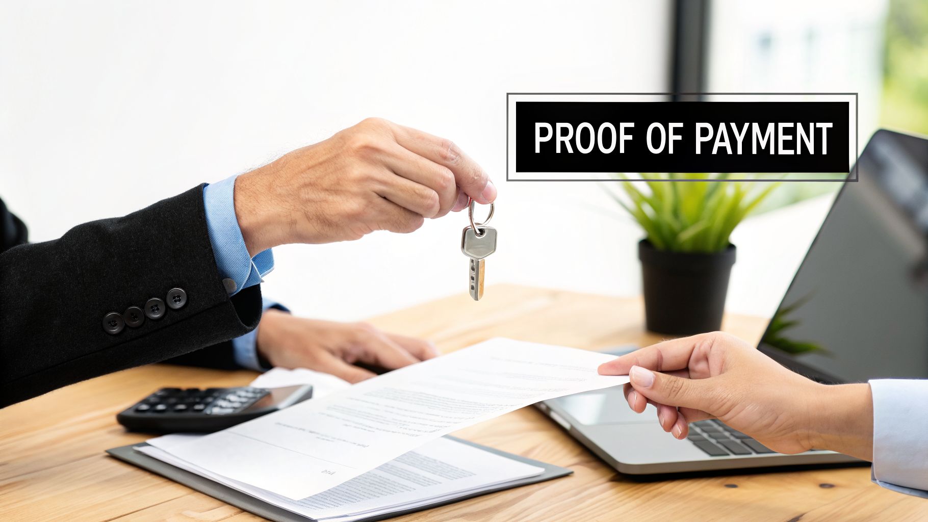 Two people exchange keys and documents at a desk, with a 'PROOF OF PAYMENT' overlay.