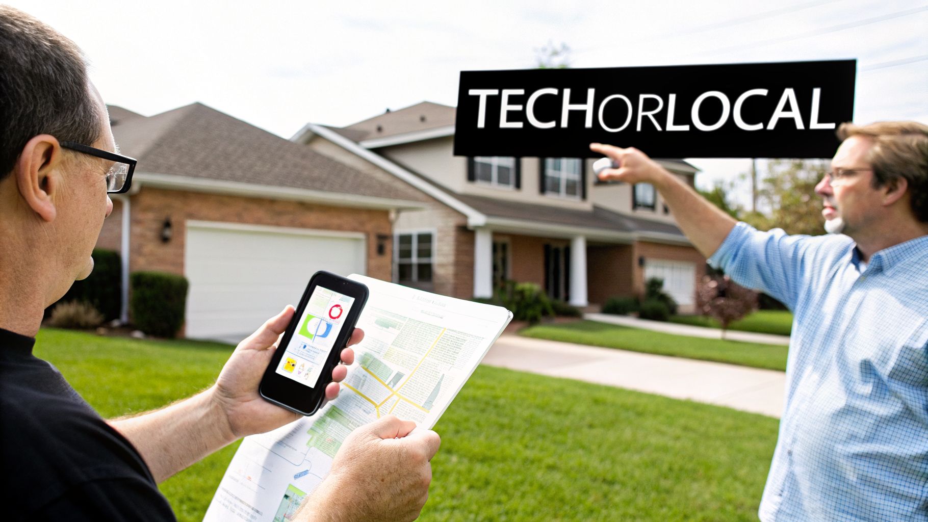 Two men, one with a smartphone and map, the other pointing at a 'TECHORLOCAL' sign, in front of houses.