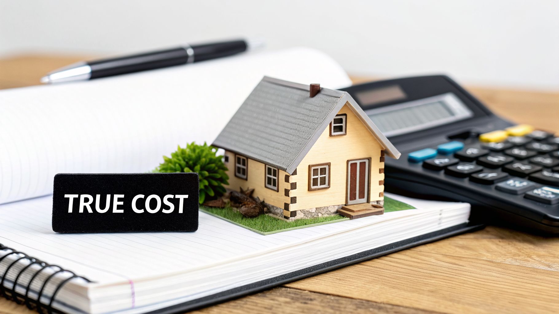 A miniature house, calculator, and a sign displaying 'TRUE COST' on a notebook, illustrating property finance.