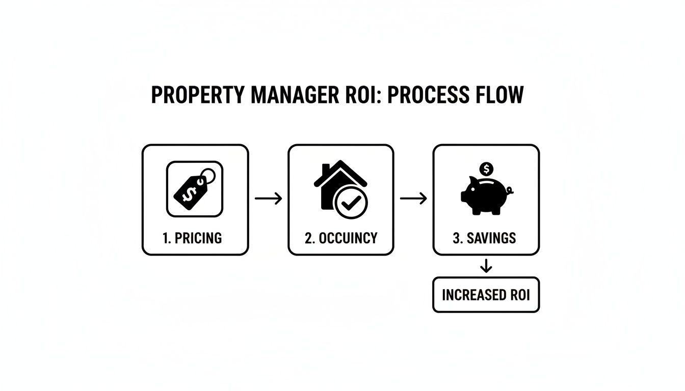 A flowchart illustrates the Property Manager ROI process: Pricing, Occupancy, and Savings lead to Increased ROI.