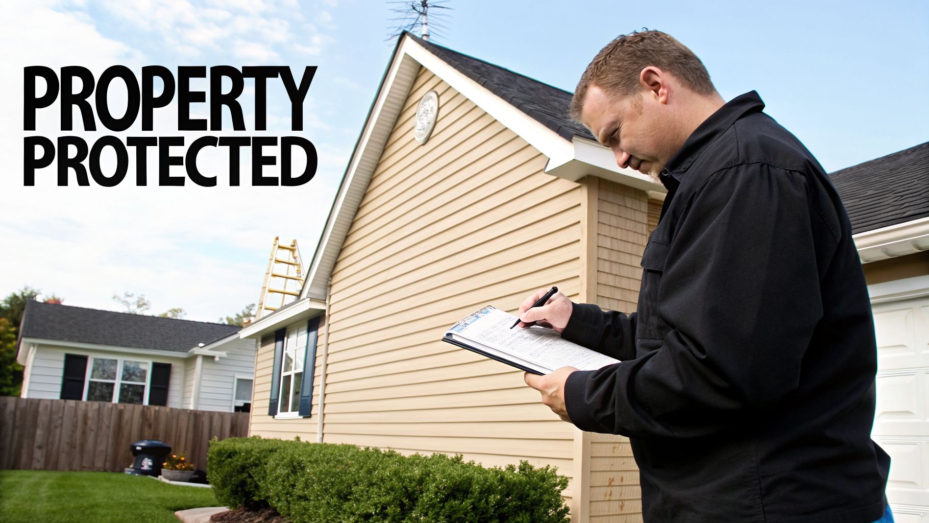 A man inspects a house, writing notes on a clipboard, indicating property protection services.
