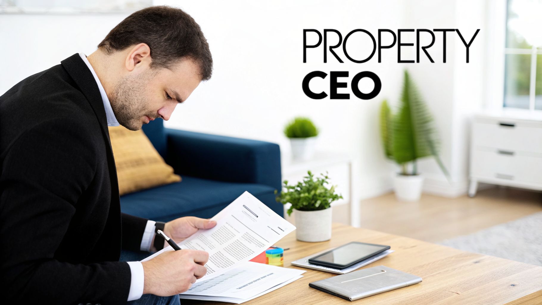 A professional man signs documents at a desk in a modern office, 'PROPERTY CEO' text on wall.