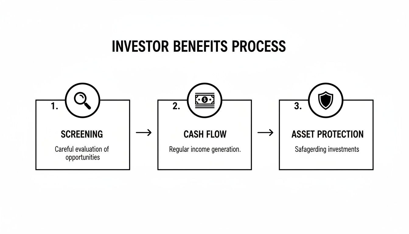 Flowchart illustrating the investor benefits process: screening, cash flow, and asset protection steps.
