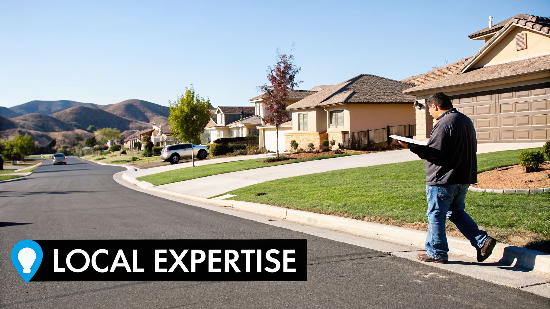 A man in a residential neighborhood walks on the sidewalk, reviewing documents on a sunny day.