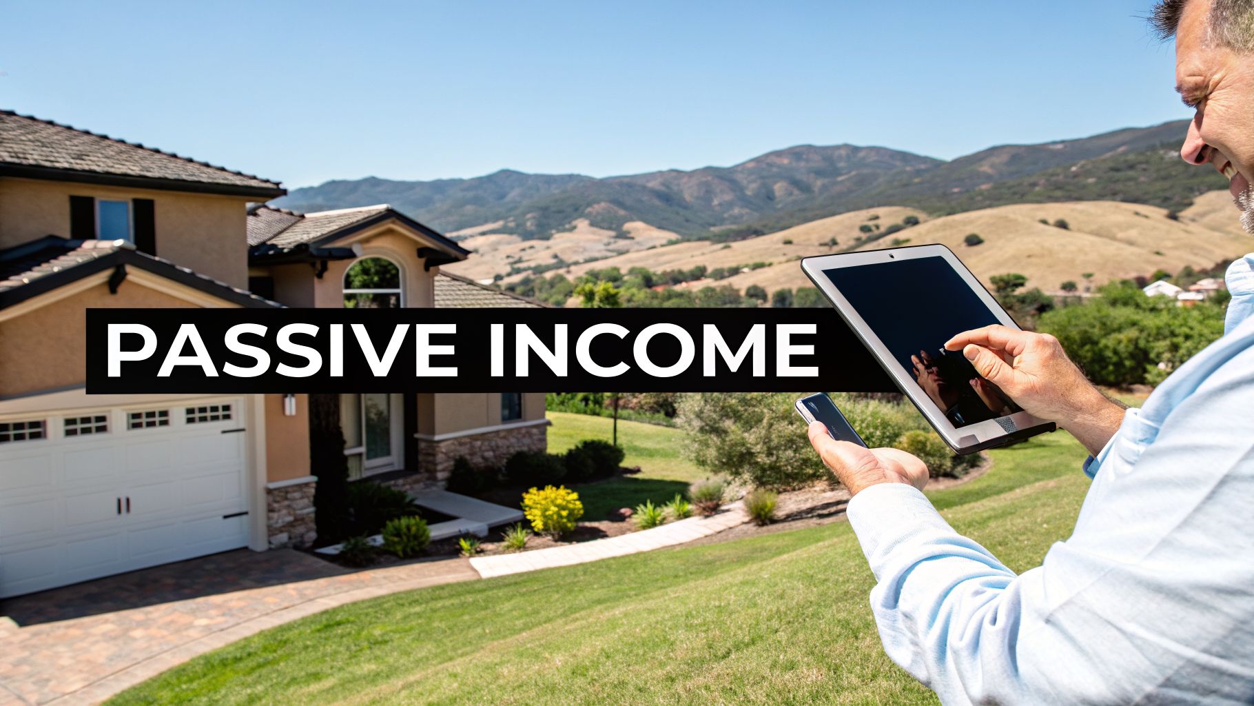 Man using a tablet and smartphone in front of a house, with 'PASSIVE INCOME' text overlay.