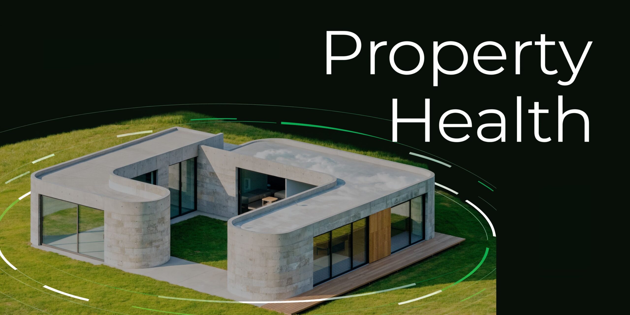 A modern concrete modular house set in a grassy field with a digital circular overlay graphic.