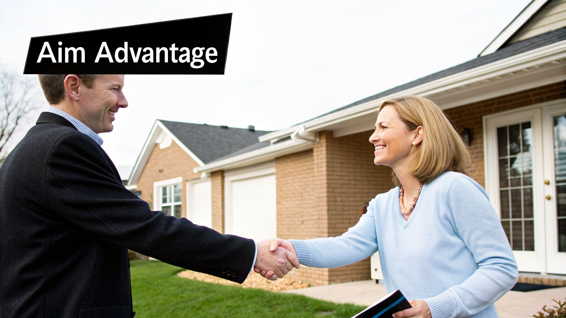 Smiling man and woman shaking hands in front of a brick house, likely a property transaction.