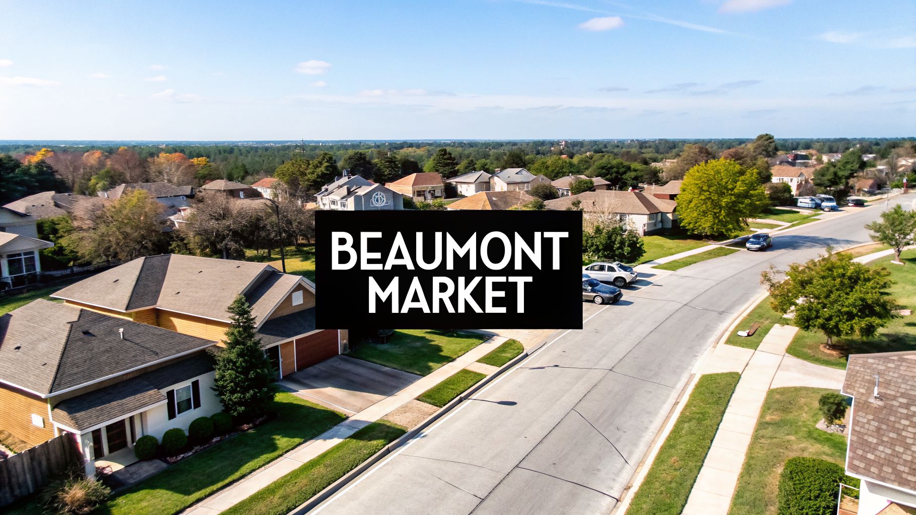 Aerial view of a sunny suburban neighborhood with houses, cars, streets, and trees, featuring 'BEAUMONT MARKET' text.