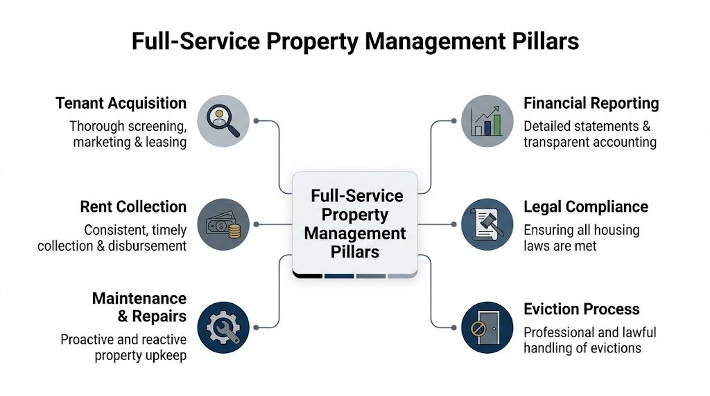 A diagram illustrating the six core pillars of professional full-service property management including tenant and financial services.