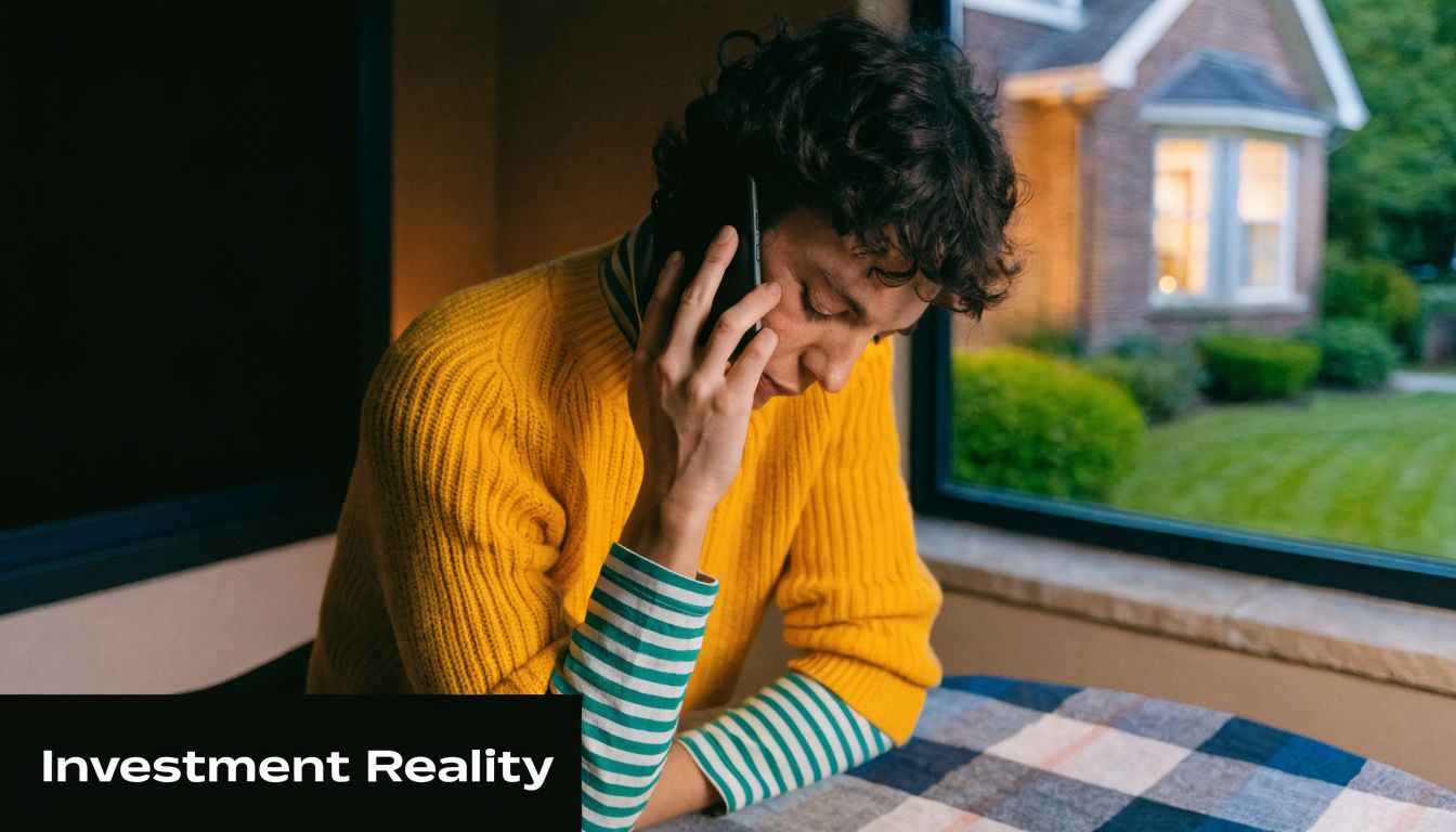 A person with curly hair wearing a yellow sweater talking on a smartphone by a window.