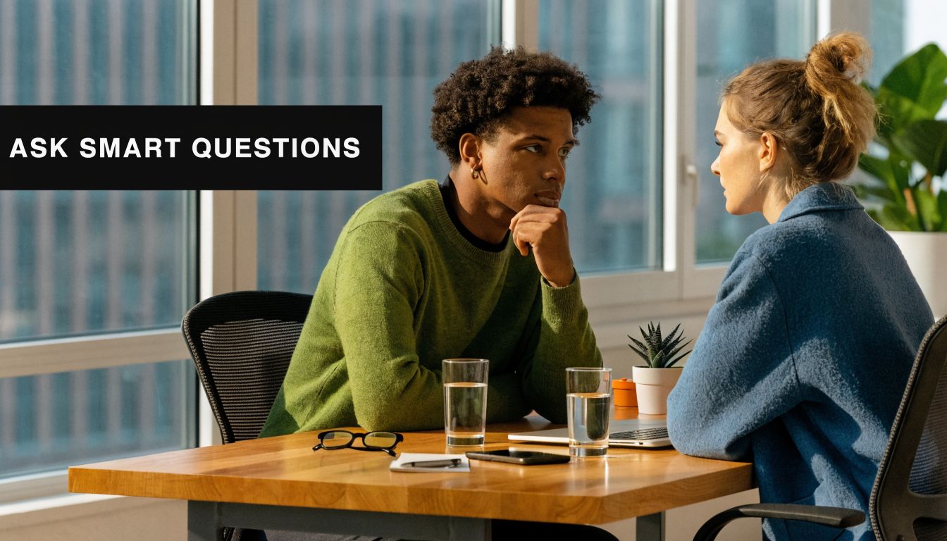 A man and woman sitting at a desk during a professional meeting discussing work, bathed in sunlight.