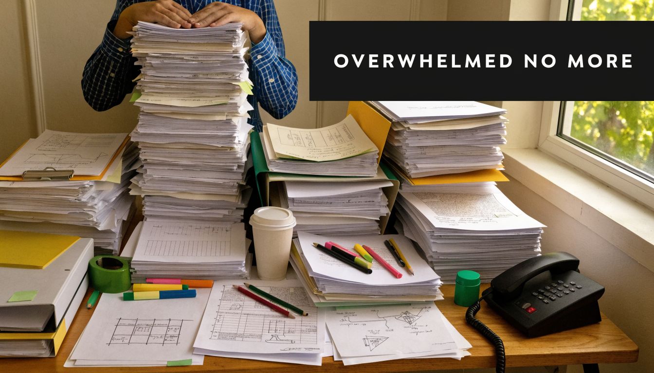 A person working at a cluttered desk piled high with stacks of paperwork and office supplies.