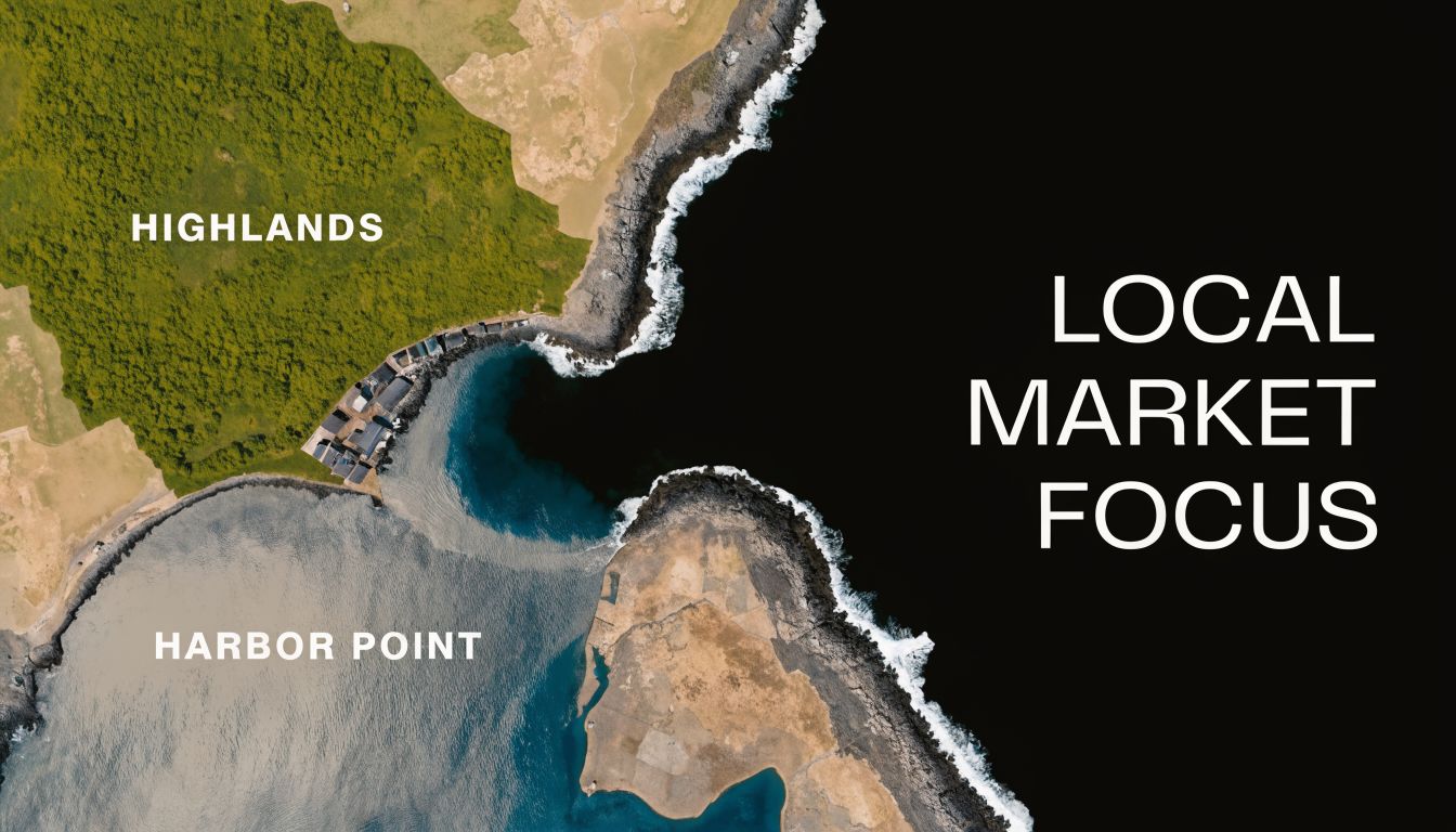 An aerial view of a rugged coastal landscape with a harbor point and highlands area.