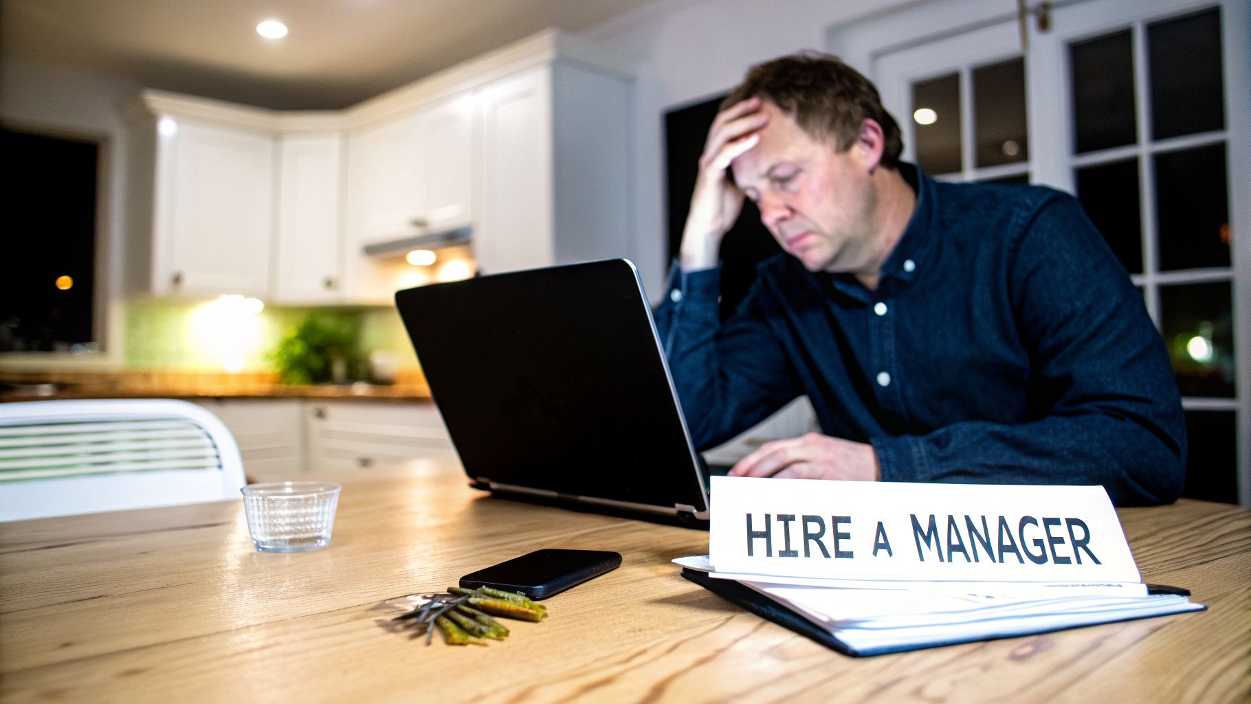 Overwhelmed man working on a laptop in a kitchen, next to a "Hire a Manager" sign.