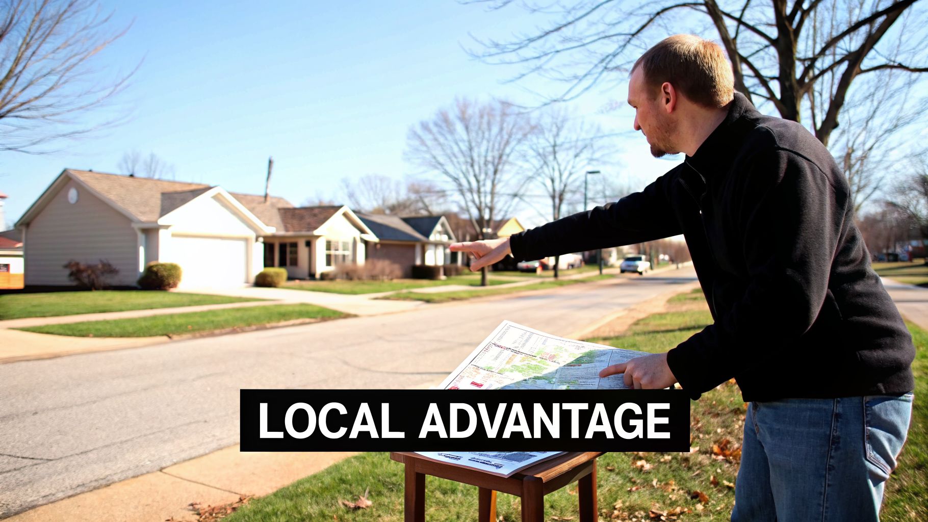 Man pointing at houses on a suburban street while consulting a map for local advantage.