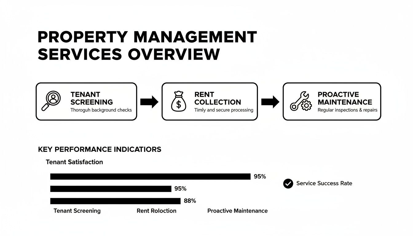 Overview of property management services, including tenant screening, rent collection, and proactive maintenance, with performance indicators.