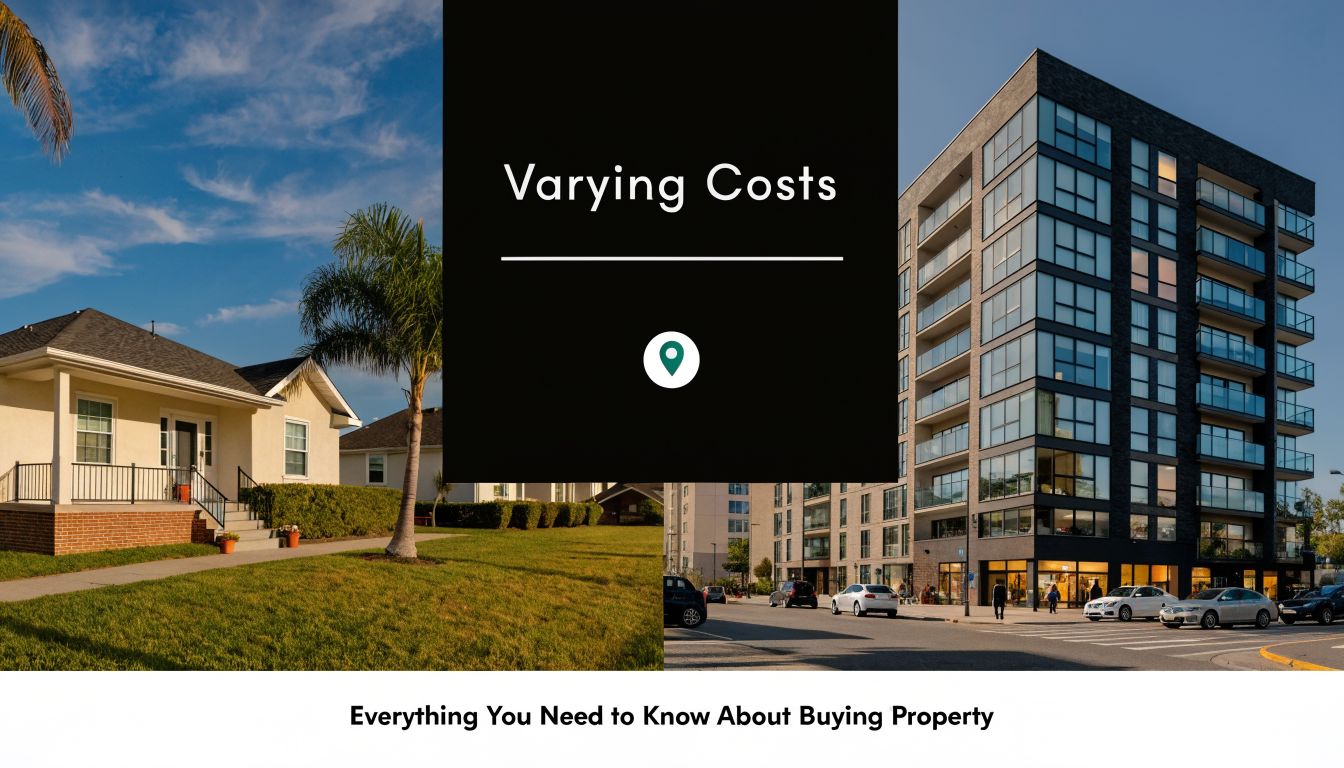 A split-screen image showing a suburban house and a modern apartment building, highlighting varying property costs.