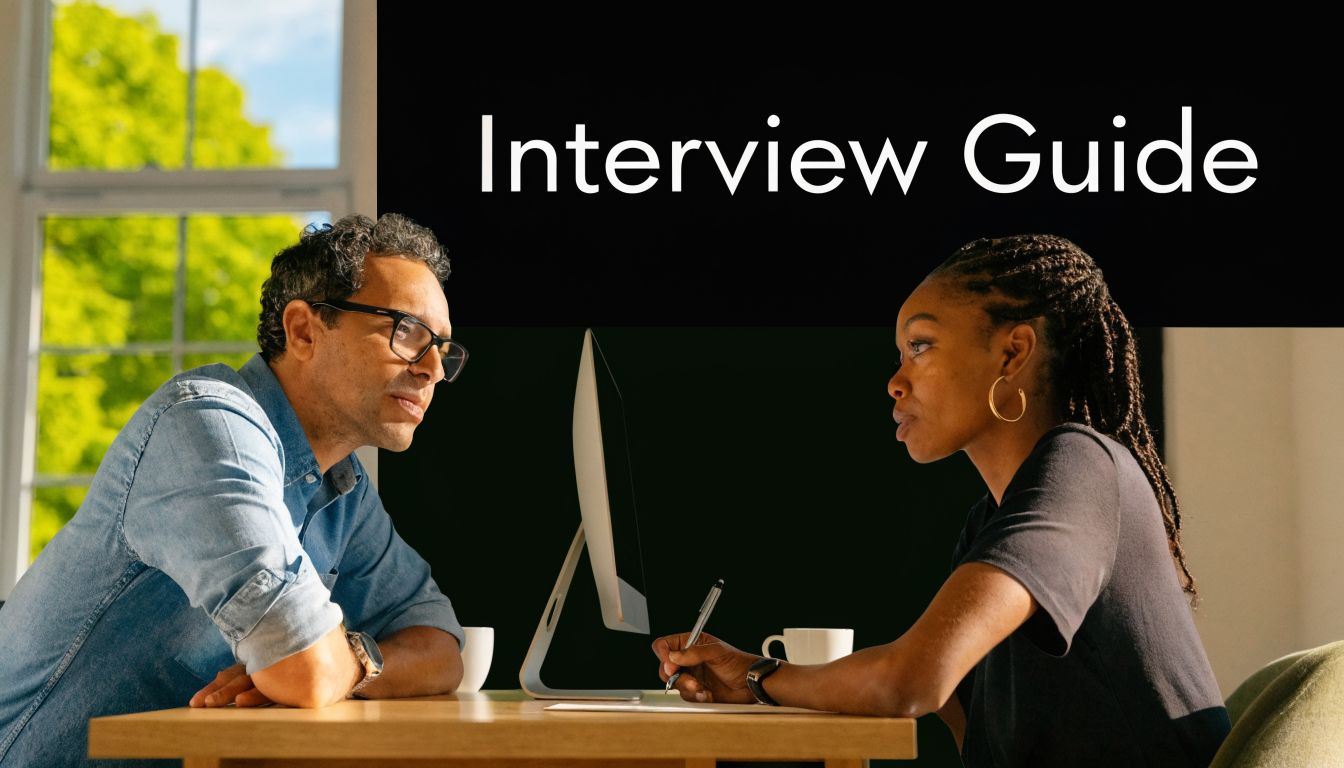 A professional man and woman conducting an interview while seated at a wooden desk.