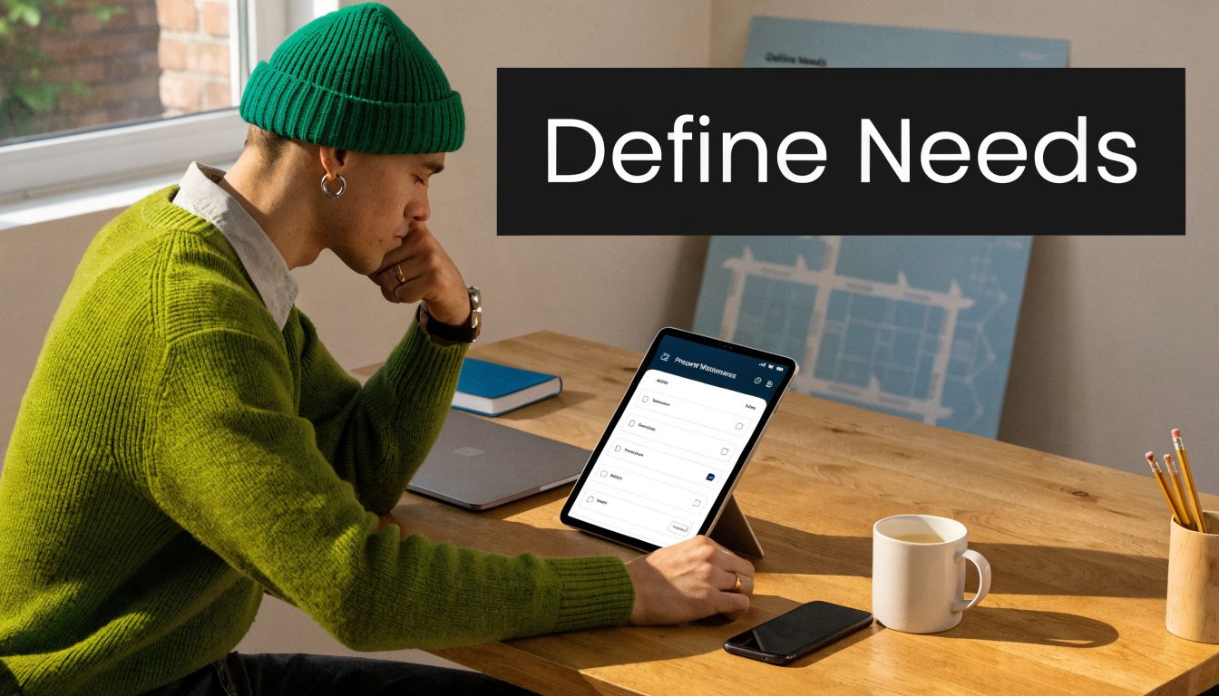 A person in a green sweater and beanie using a tablet to review property maintenance needs.