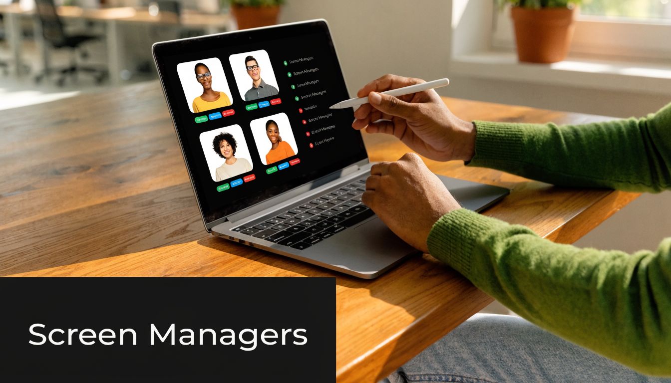 A person using a stylus on a laptop screen displaying a list of professional screen managers.