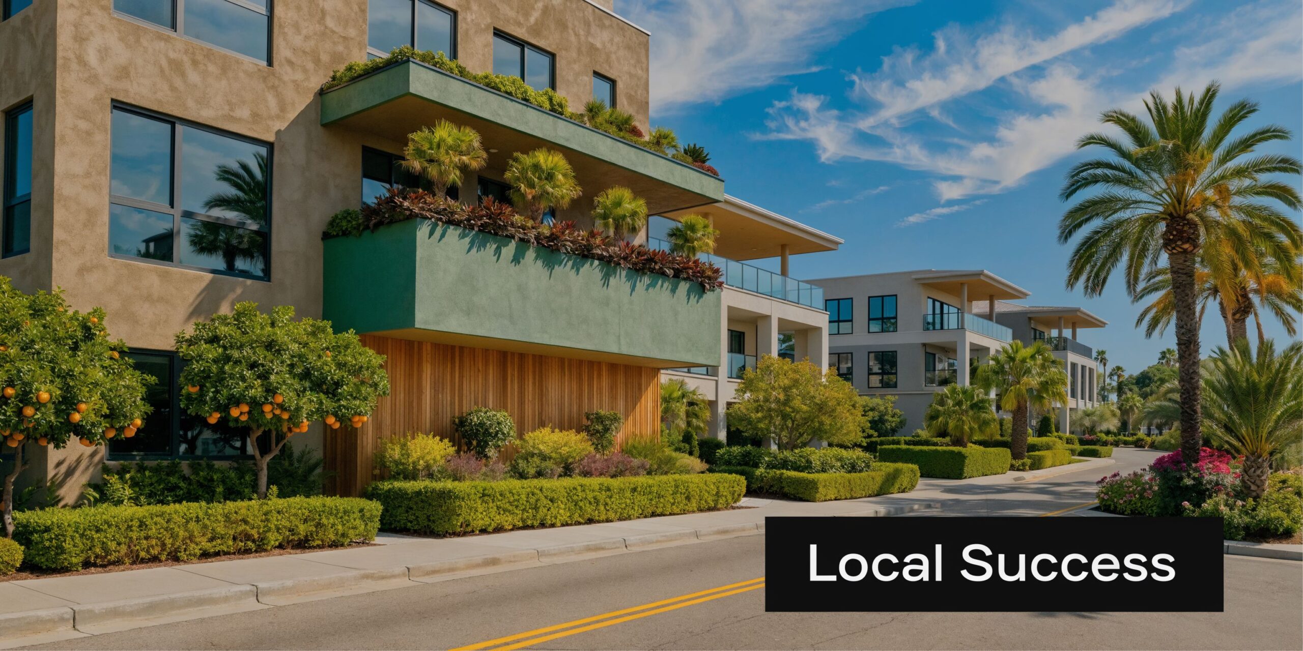 A modern apartment complex exterior with vibrant landscaping, orange trees, and palm trees under a sunny sky.
