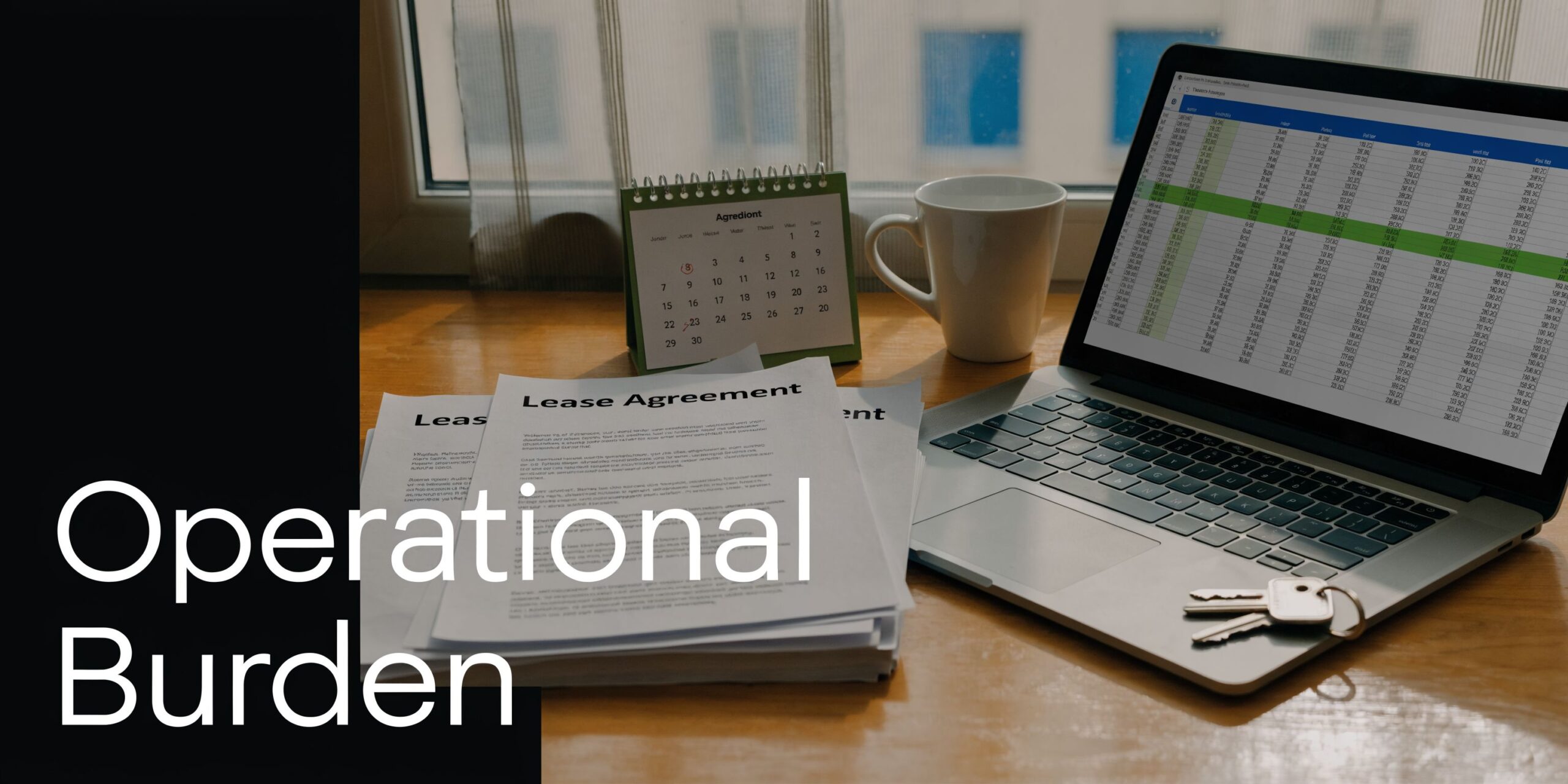 A workspace with a laptop displaying a spreadsheet next to a lease agreement and a calendar.