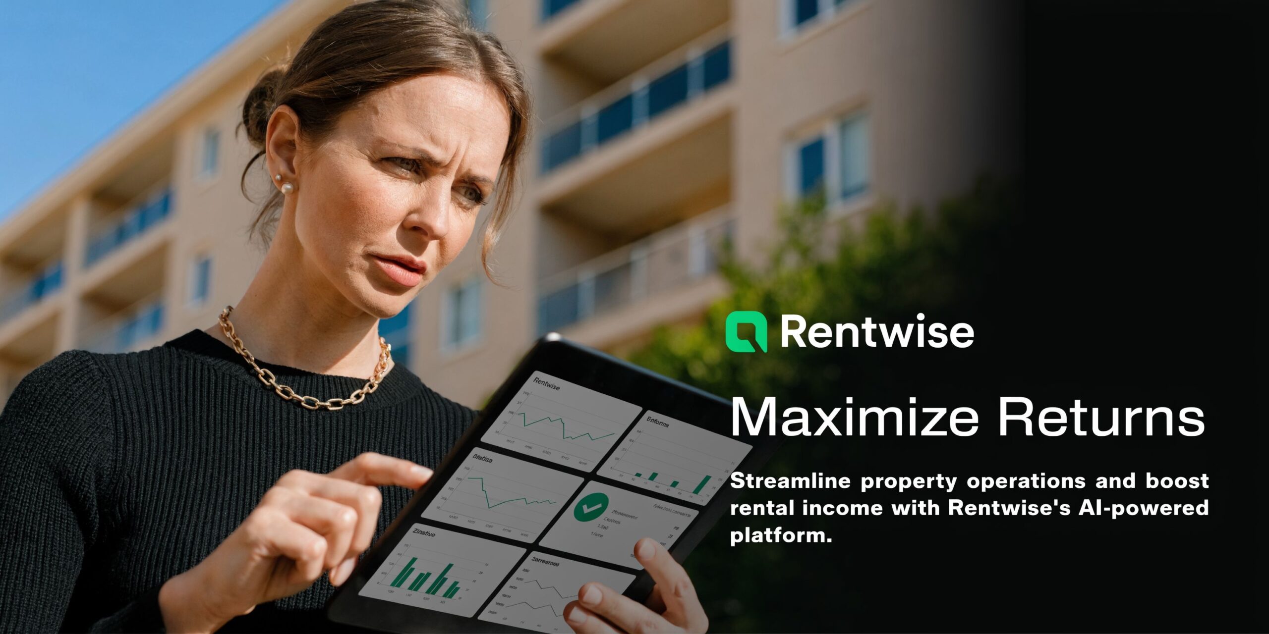 A professional woman uses a tablet displaying rental property data analytics in front of a modern apartment building.
