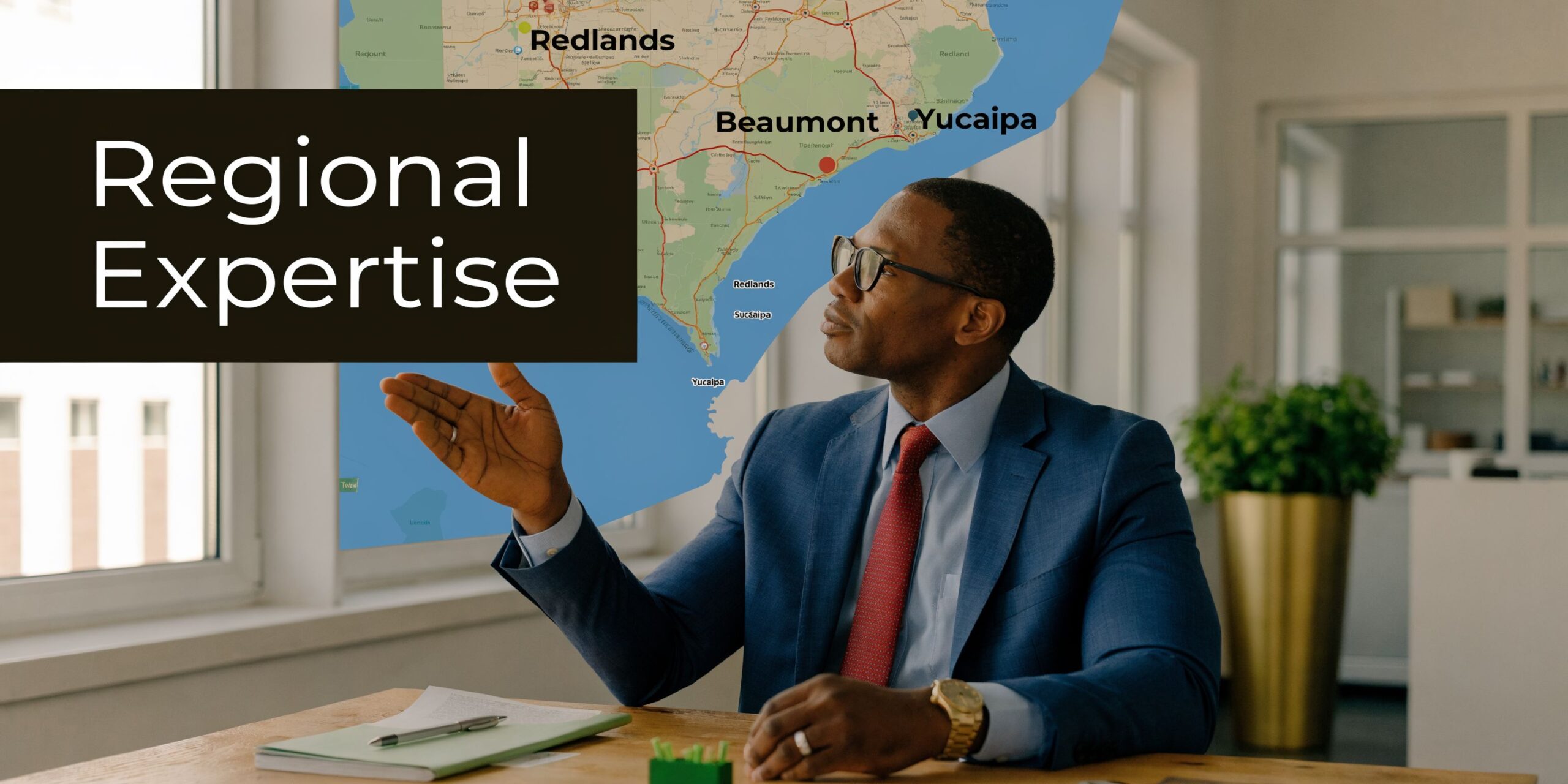 A professional man in a business suit gestures toward a map highlighting Redlands, Beaumont, and Yucaipa regions.