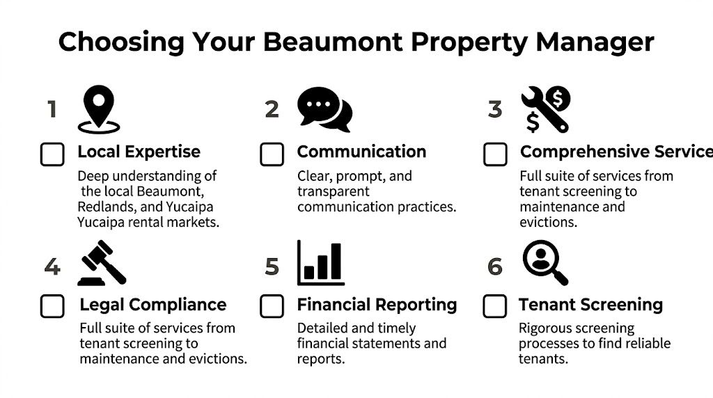 A checklist for choosing a property manager in Beaumont, highlighting six essential criteria for successful real estate management.