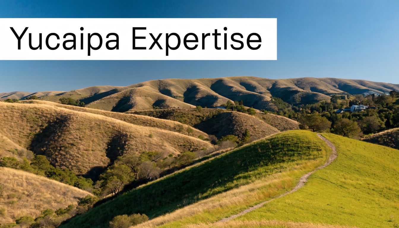 A scenic view of rolling golden and green grassy hills under a clear blue sky in Yucaipa.