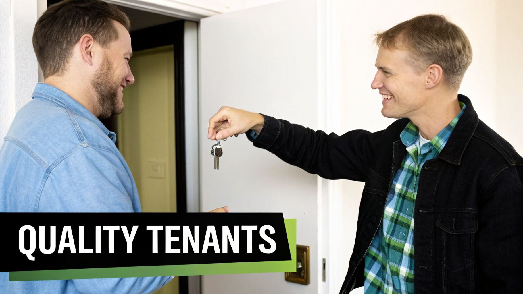 Two smiling men, one handing house keys to the other, representing quality tenants and property management.