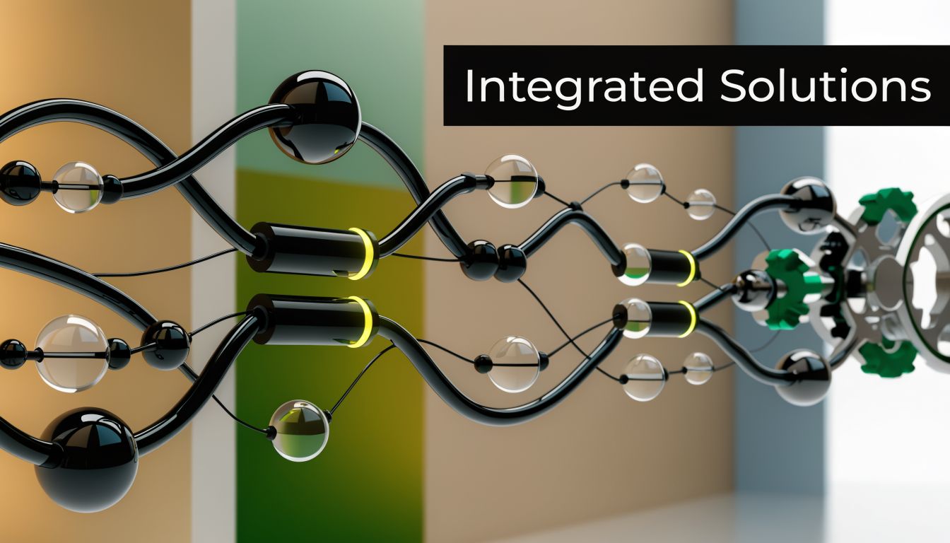 Abstract 3D rendering of interconnected black tubes, clear spheres, and a green gear on a colored background.
