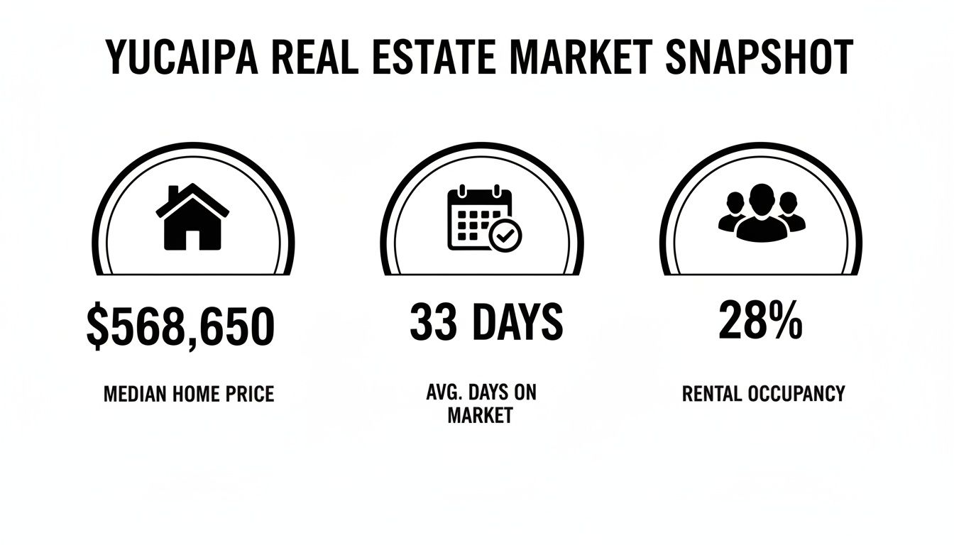 Yucaipa real estate market snapshot showing median home price, average days on market, and rental occupancy.