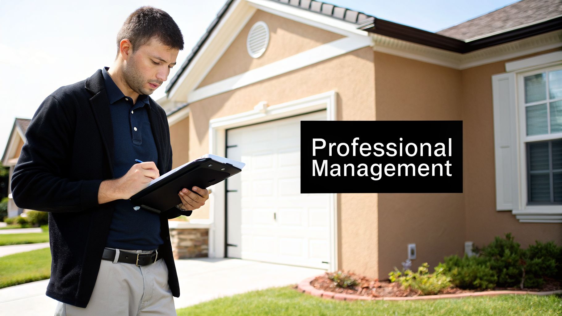 A professional man in a polo shirt and jacket writes on a clipboard in front of a house, symbolizing property management.