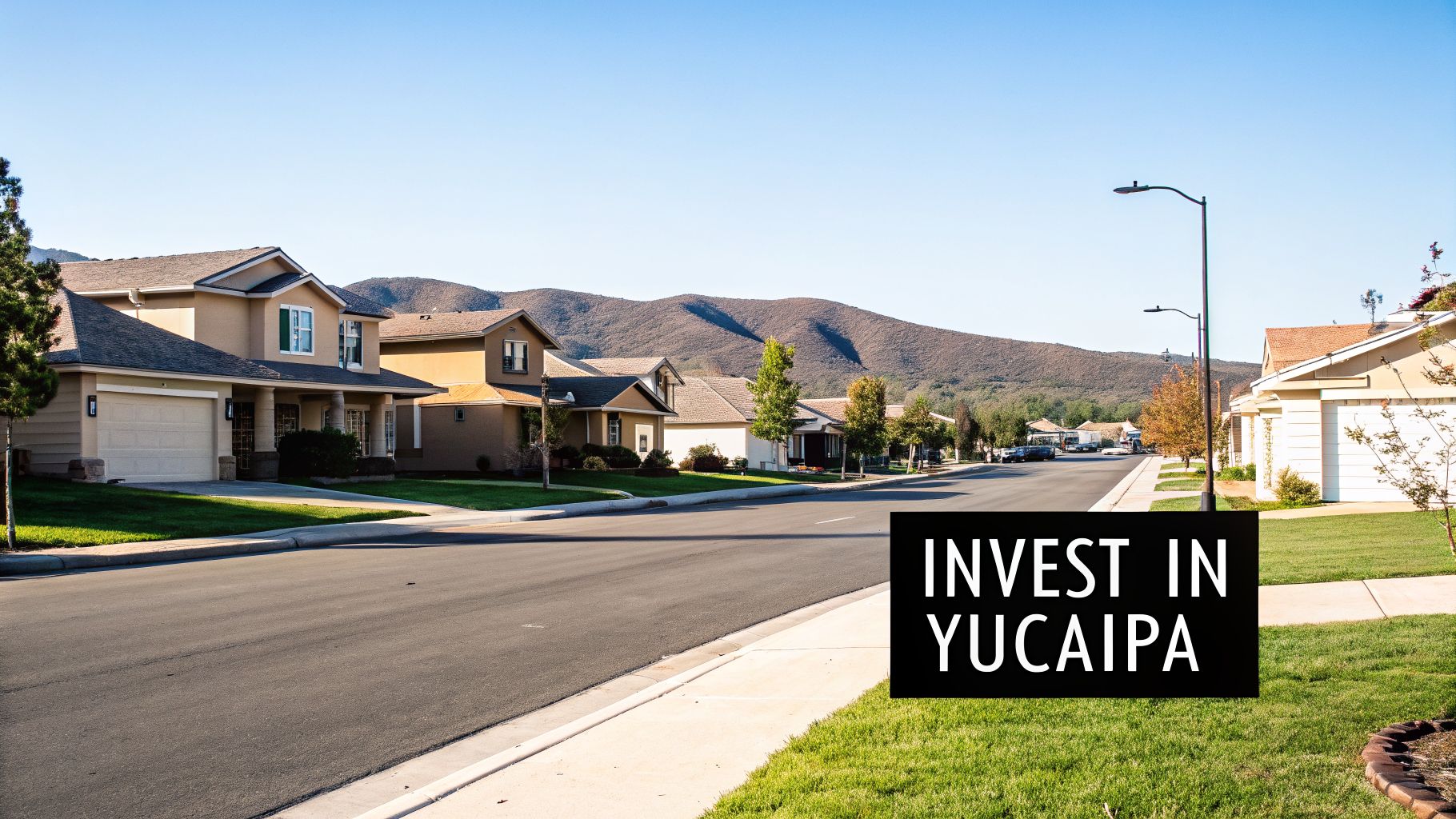 A sunny suburban street in Yucaipa, California, featuring houses, green lawns, distant mountains, and an 'INVEST IN YUCAIPA' sign.