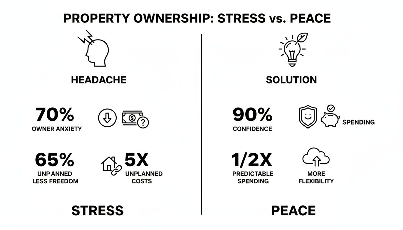 Infographic comparing property ownership stress (headache, anxiety, costs) versus peace (solutions, confidence, flexibility).