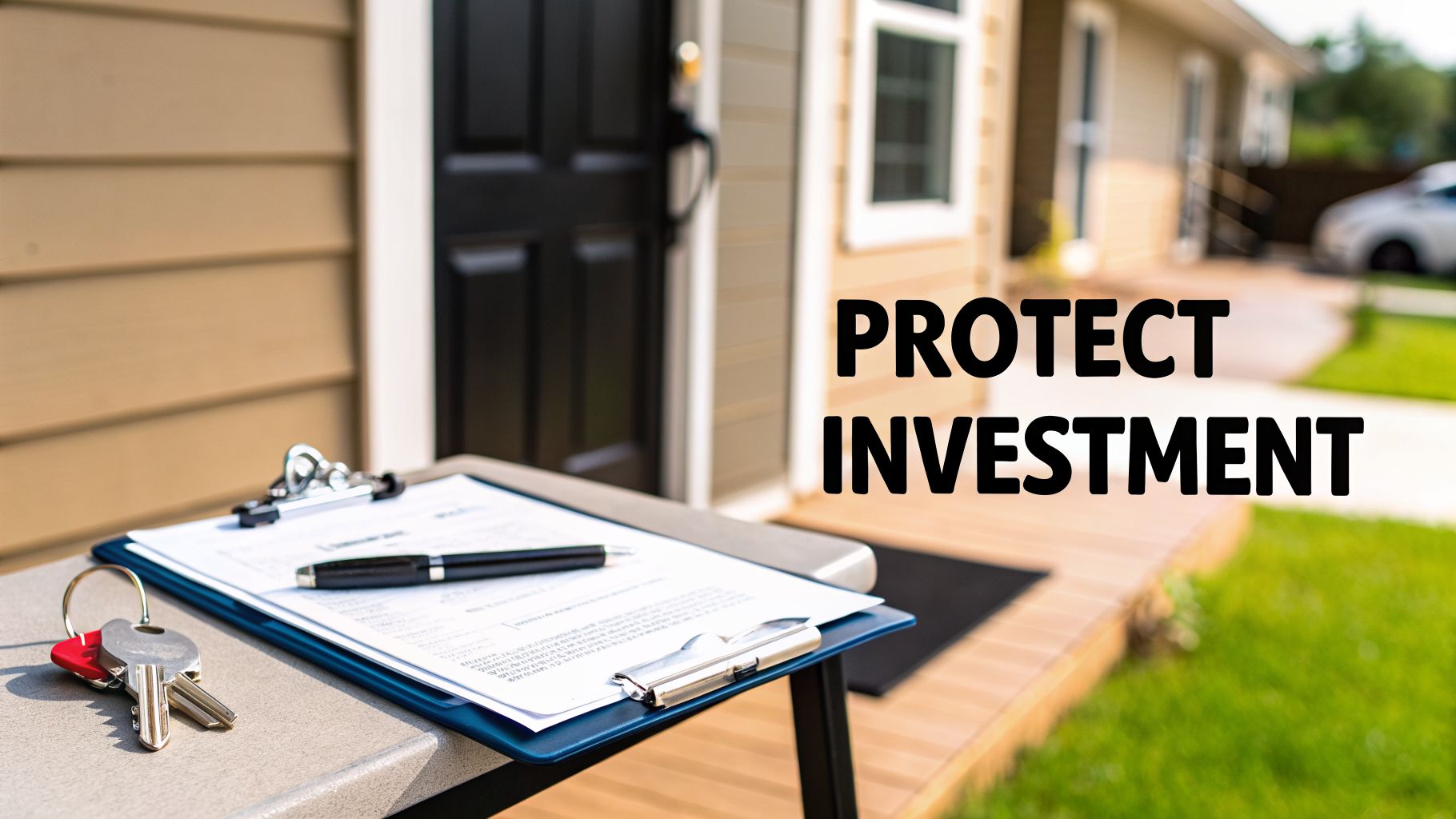 A clipboard with a contract, pen, and house keys on a table, with 'PROTECT INVESTMENT' text.