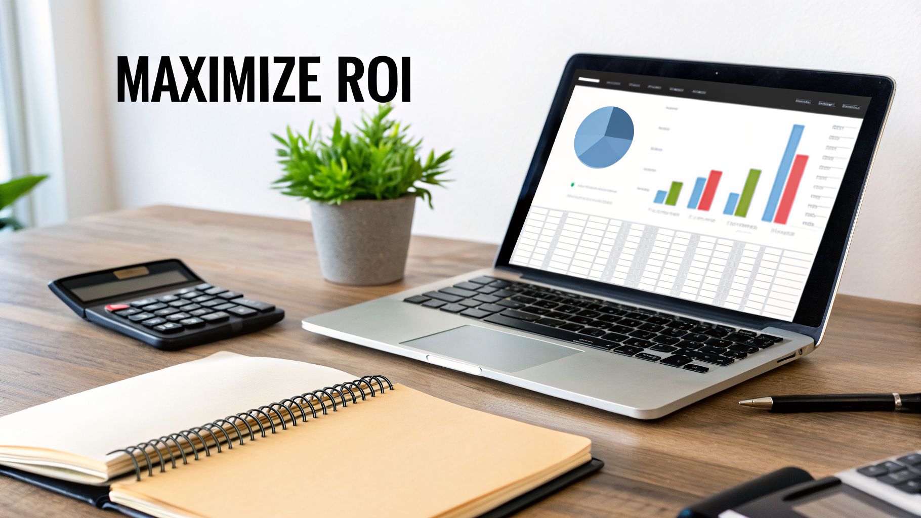 A desk with a laptop displaying financial charts and a spreadsheet, a calculator, and notebooks, with the text 'MAXIMIZE ROI' on the wall.