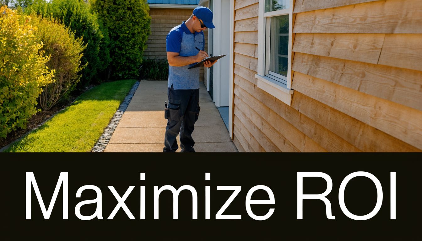 A professional service worker in a blue uniform inspecting a house and writing on a clipboard outdoors.