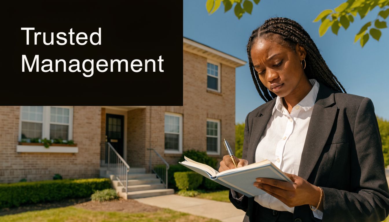 A professional woman in a business suit writing in a notebook in front of a house.