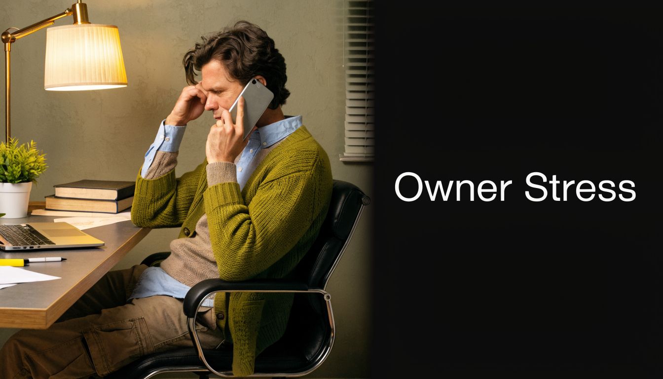 A stressed business owner sitting at a desk while talking on a mobile phone in an office.