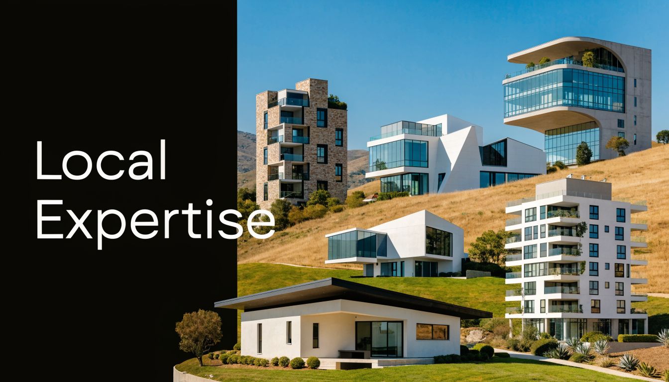 A scenic view of modern architectural homes and luxury apartment buildings set against a sunny hillside landscape.