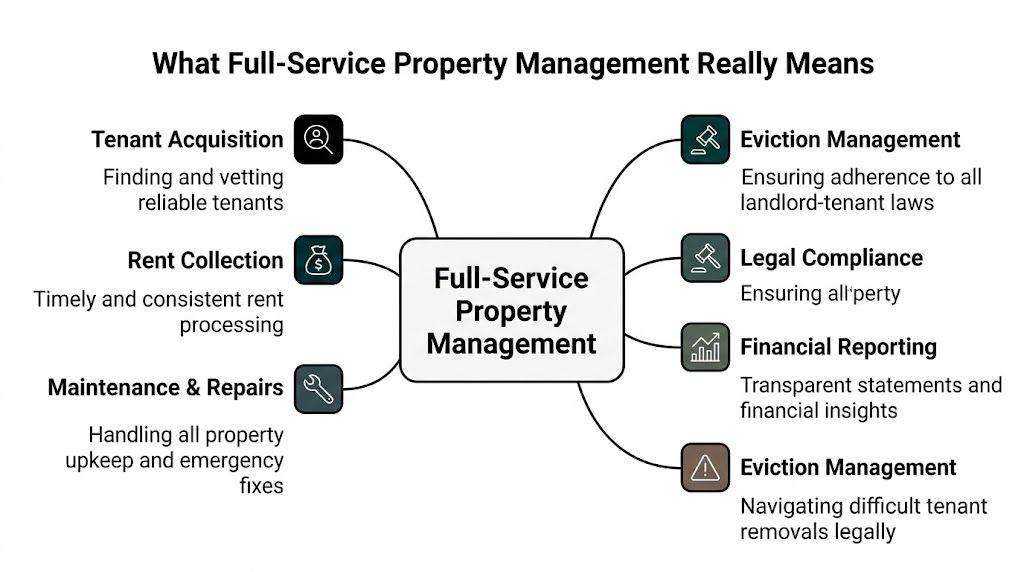 A diagram illustrating the core components of full-service property management including tenant acquisition, maintenance, and legal compliance.