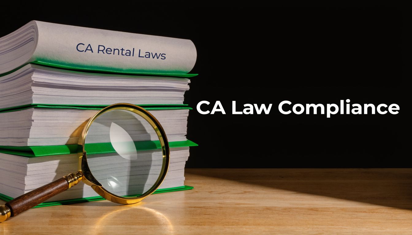 A stack of documents labeled CA Rental Laws sits on a wooden desk with a magnifying glass.