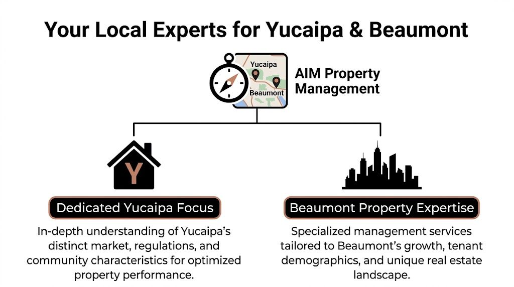An infographic showing AIM Property Management as local experts for Yucaipa and Beaumont, highlighting their specialized services.