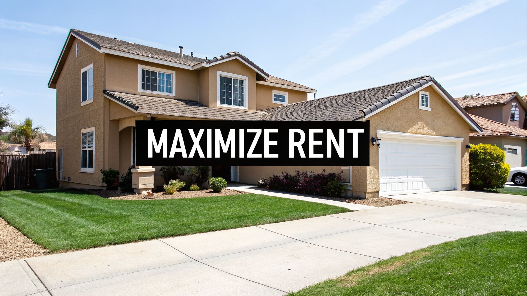 A two-story suburban house with a lush green lawn, driveway, and a 'MAXIMIZE RENT' banner.
