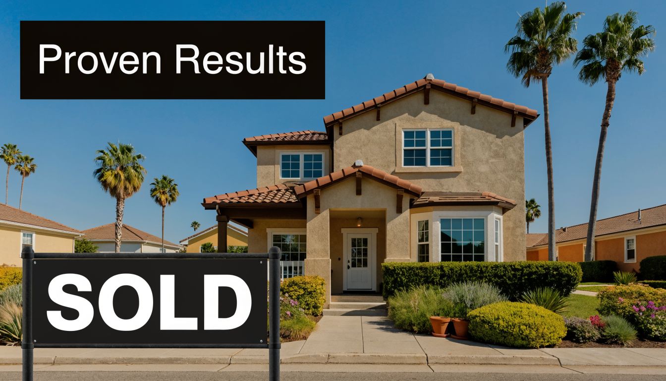 A modern two-story residential house in a sunny neighborhood featuring a prominent black sold real estate sign.
