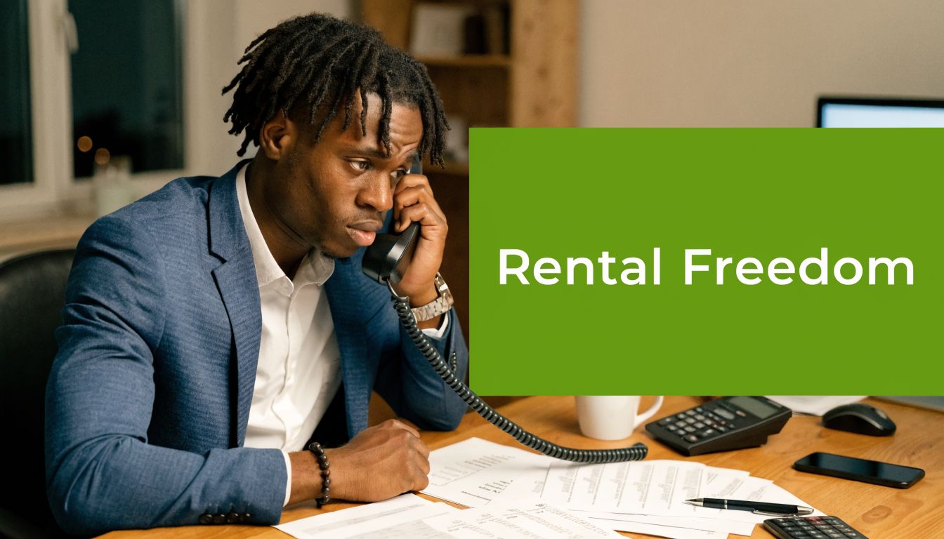 A professional man with dreadlocks wearing a blue suit sits at a desk talking on a phone.