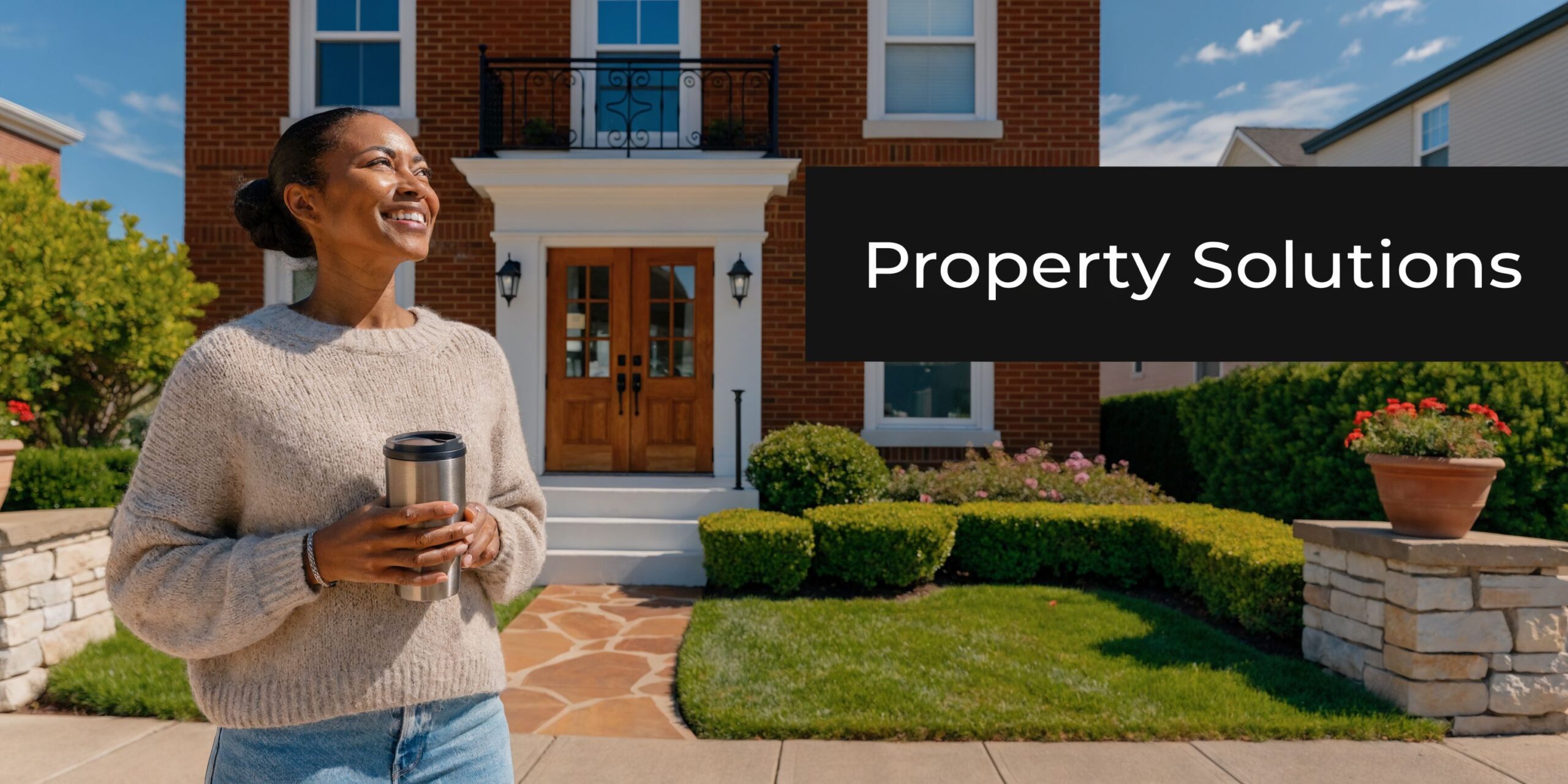 A smiling woman holding a coffee cup in front of a brick house in a residential area.