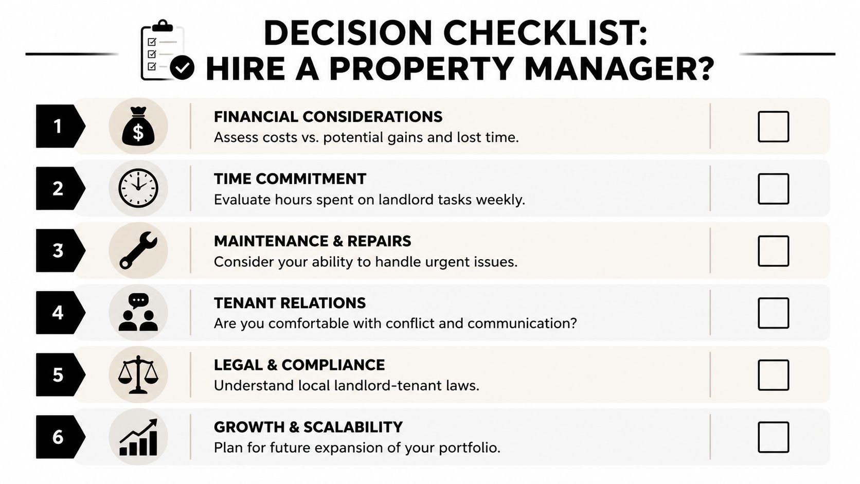A decision checklist with six key considerations to help property owners decide to hire a property manager.